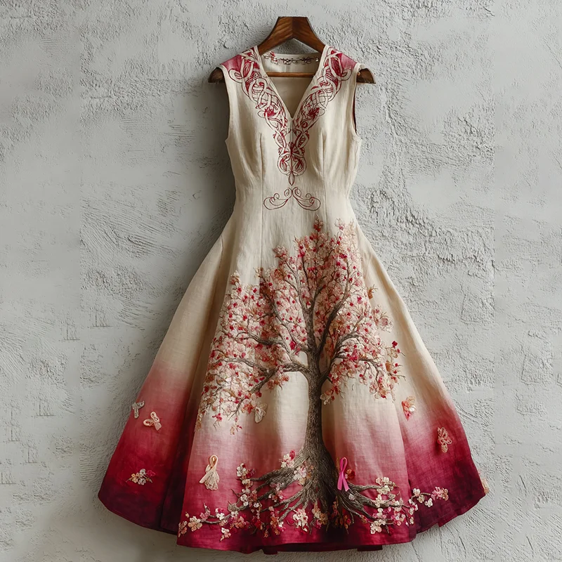 Women's Tree Of Life Pink Ribbon Embroidery Tank Belt Maxi Dress