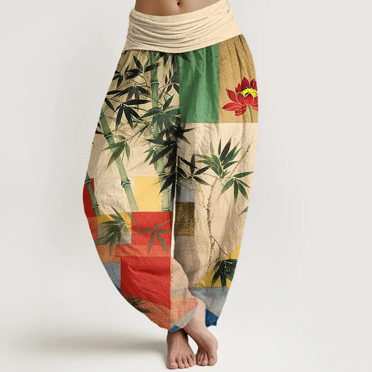 Cotton Colorful Bamboo Lotus Geometric Shapes Pattern Women's Elastic Waist Harem Pants