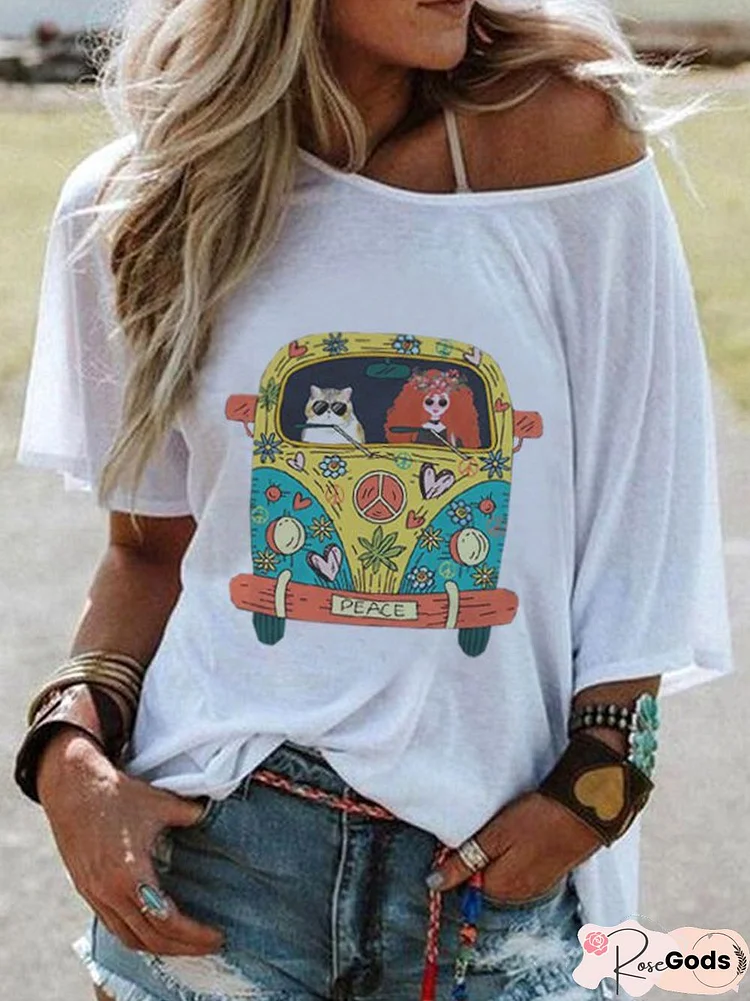 Crew Neck Short Sleeve Cartoon Car Print Casual Top