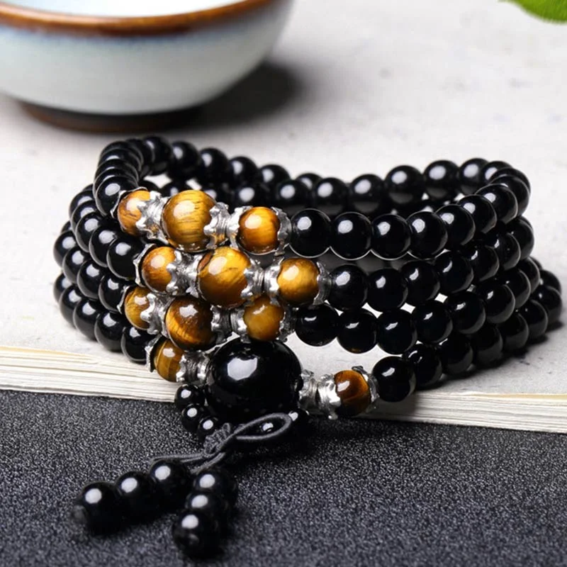 108 Beads Natural Black Obsidian Tiger Eye Mala Necklace Bracelet