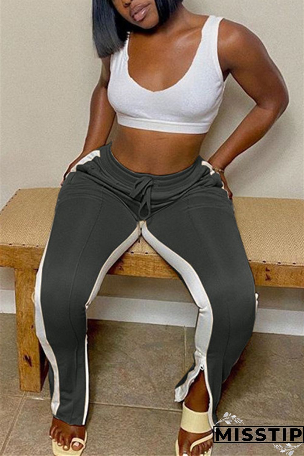 Dark Gray Fashion Casual Regular Patchwork Bottoms