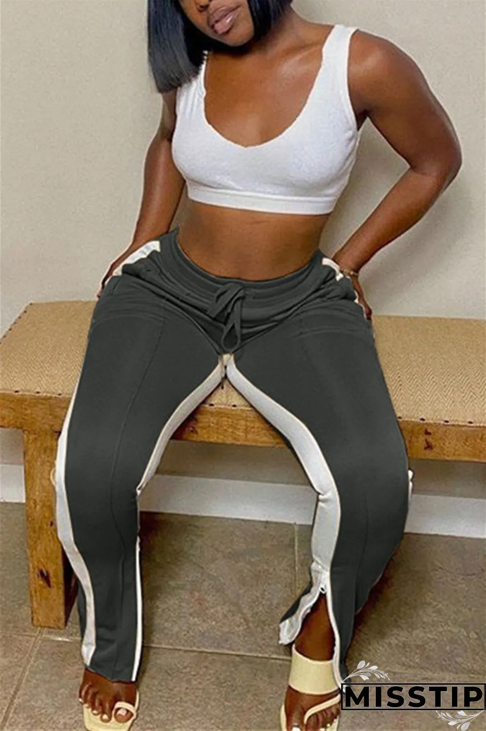 Dark Gray Fashion Casual Regular Patchwork Bottoms