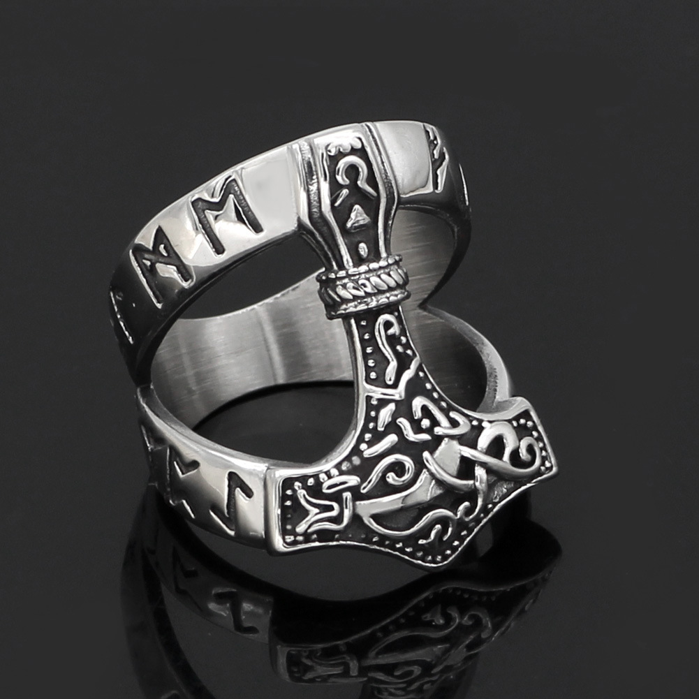Men's Mjölnir Ring, Norse Mythology Rune Jewelry Viking Thor's Hammer Celtic Knot Symbol Ring Gothic Vintage Stainless Steel Amulet Gift