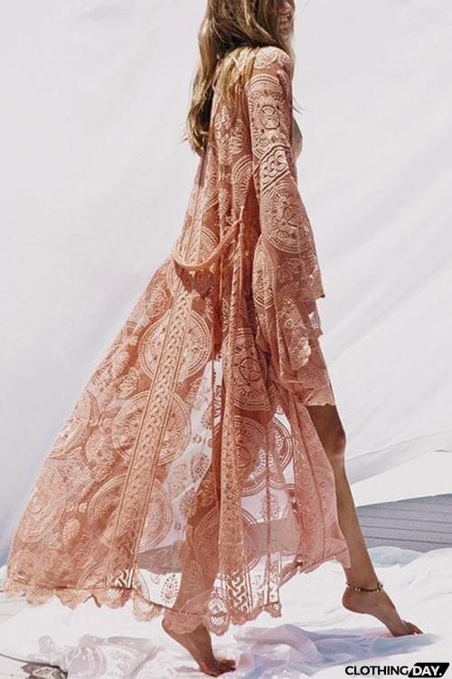 Flares Sleeve Lace Long Cover Up With Belted