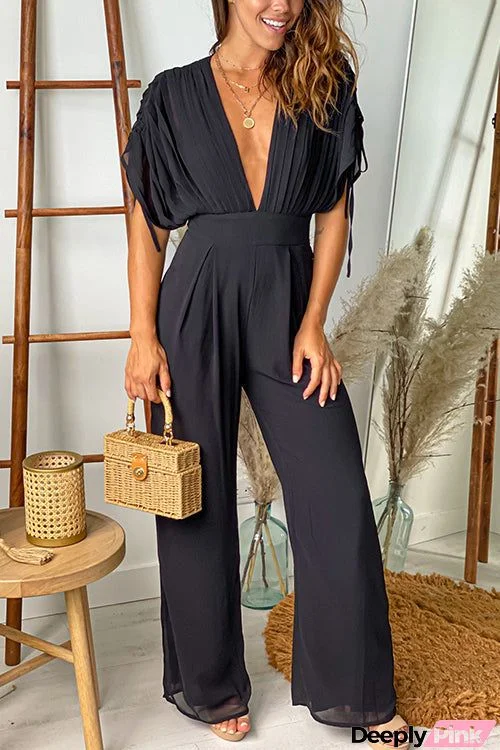 V Neck Pleated Ruched Bat Sleeves Jumpsuit