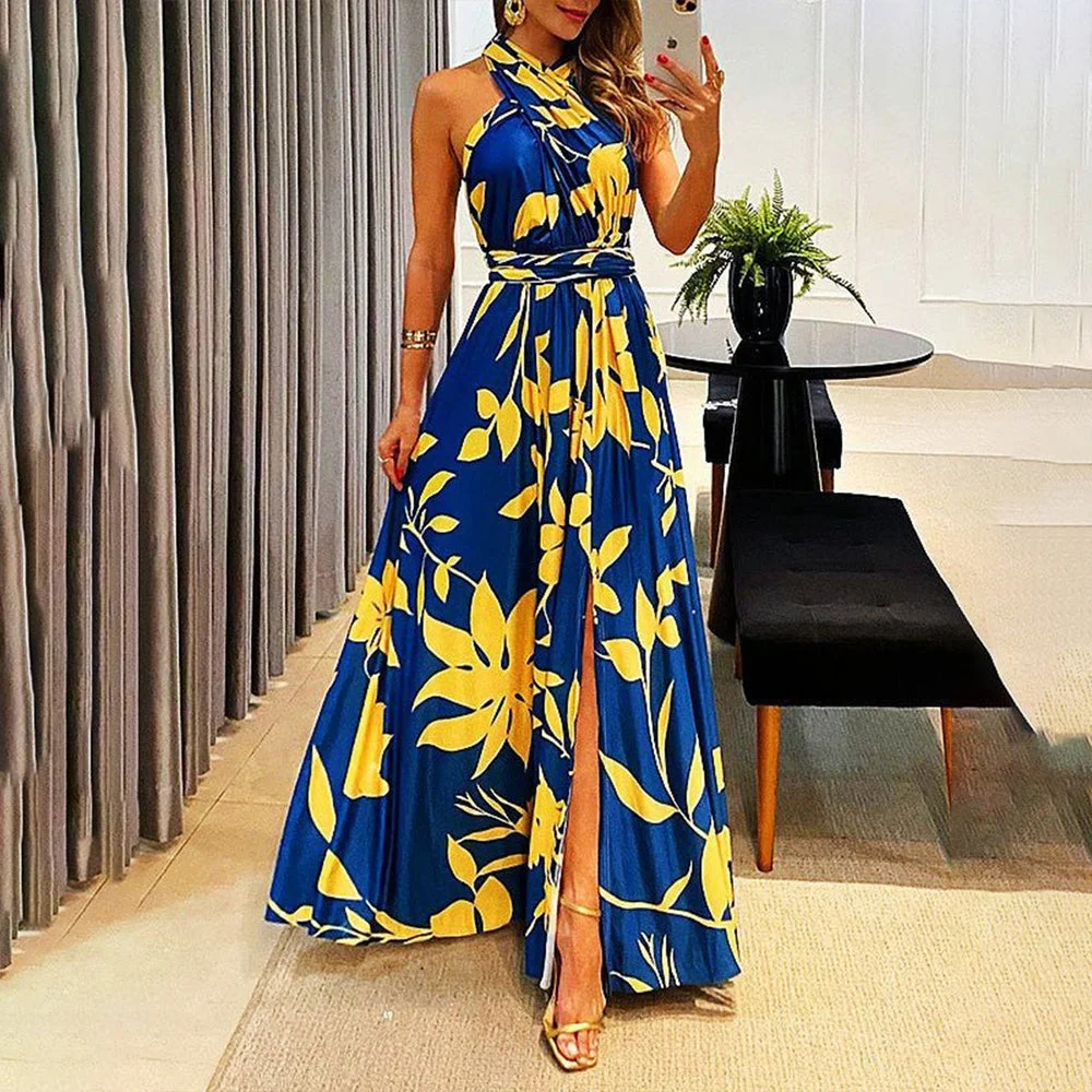 Twisted Halter Sleeveless Front Slit Yellow Flower Blue Maxi Dress
