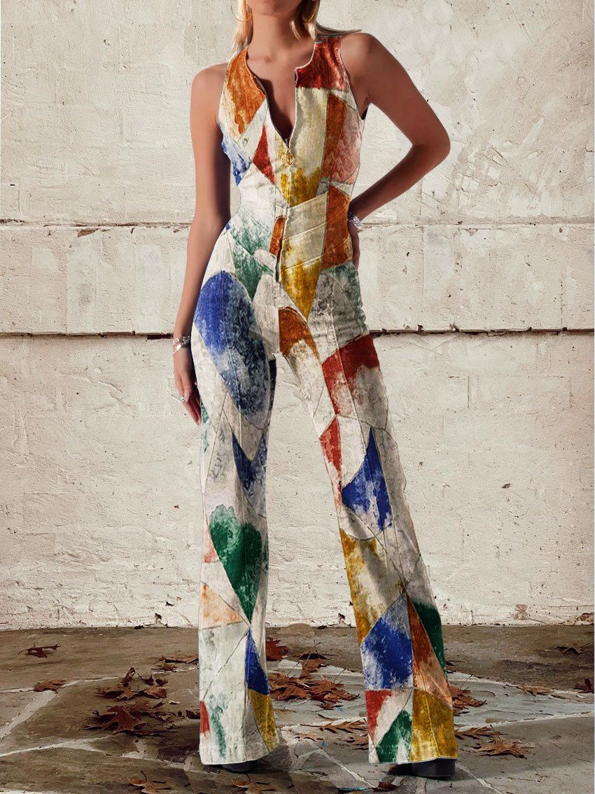 Vintage Pattern Print Casual Jumpsuit