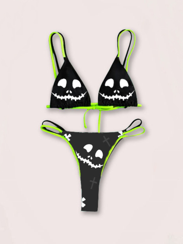 Pumpkin Devil Smiling Layered String Color Block Bikini Sets 