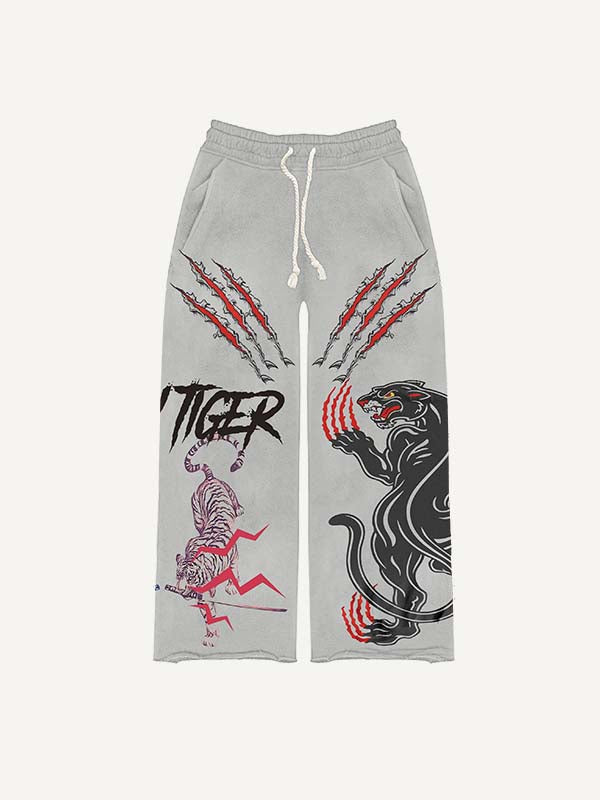 Black Panther&Tiger&Claw Marks Print Elastic Waist Pants