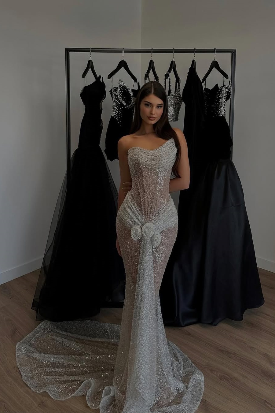 Lisliy Chic Sleeveless Strapless Asymmetric Sequins Mermaid Prom Dress