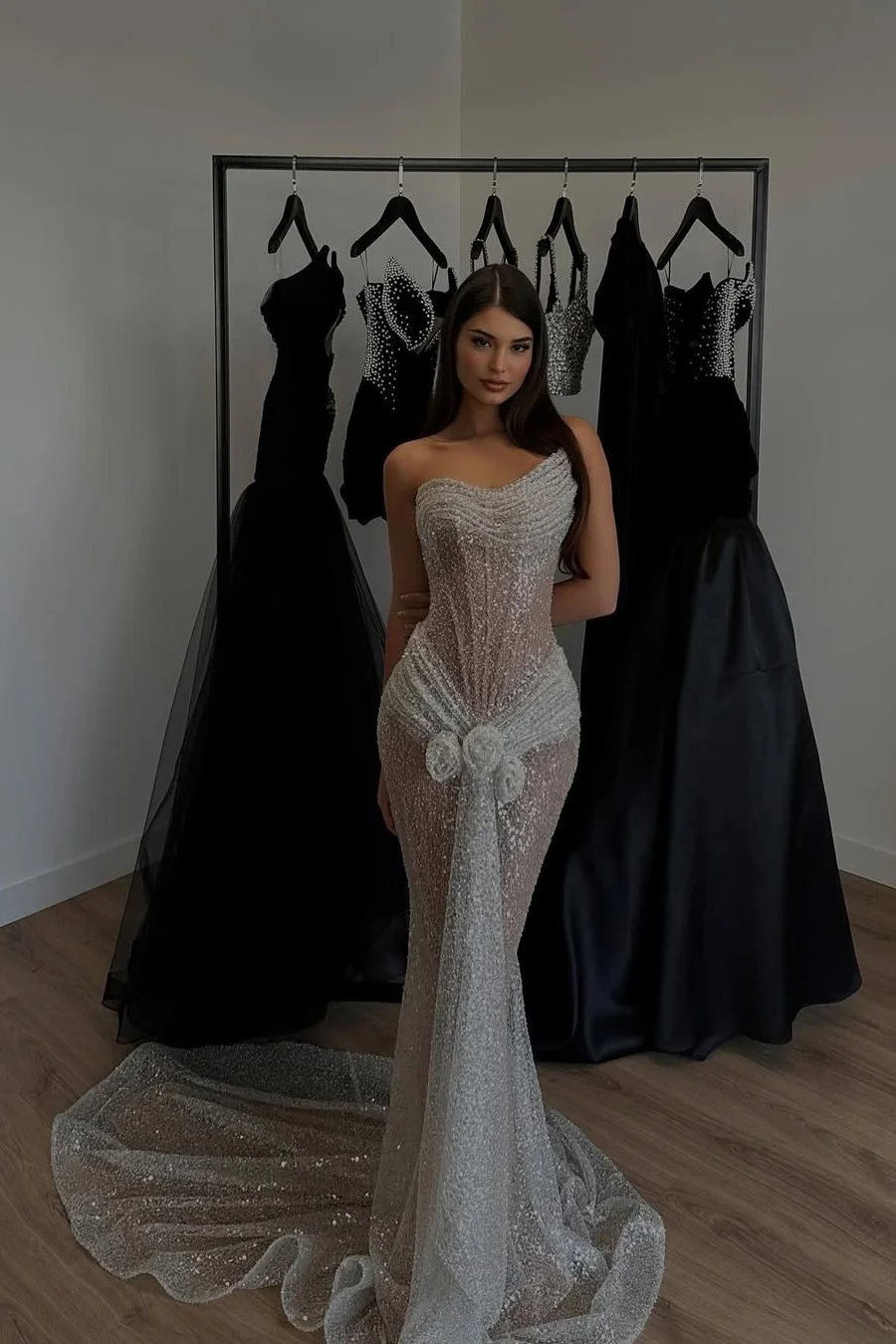 Daisda Chic Sleeveless Strapless Asymmetric Sequins Mermaid Prom Dress