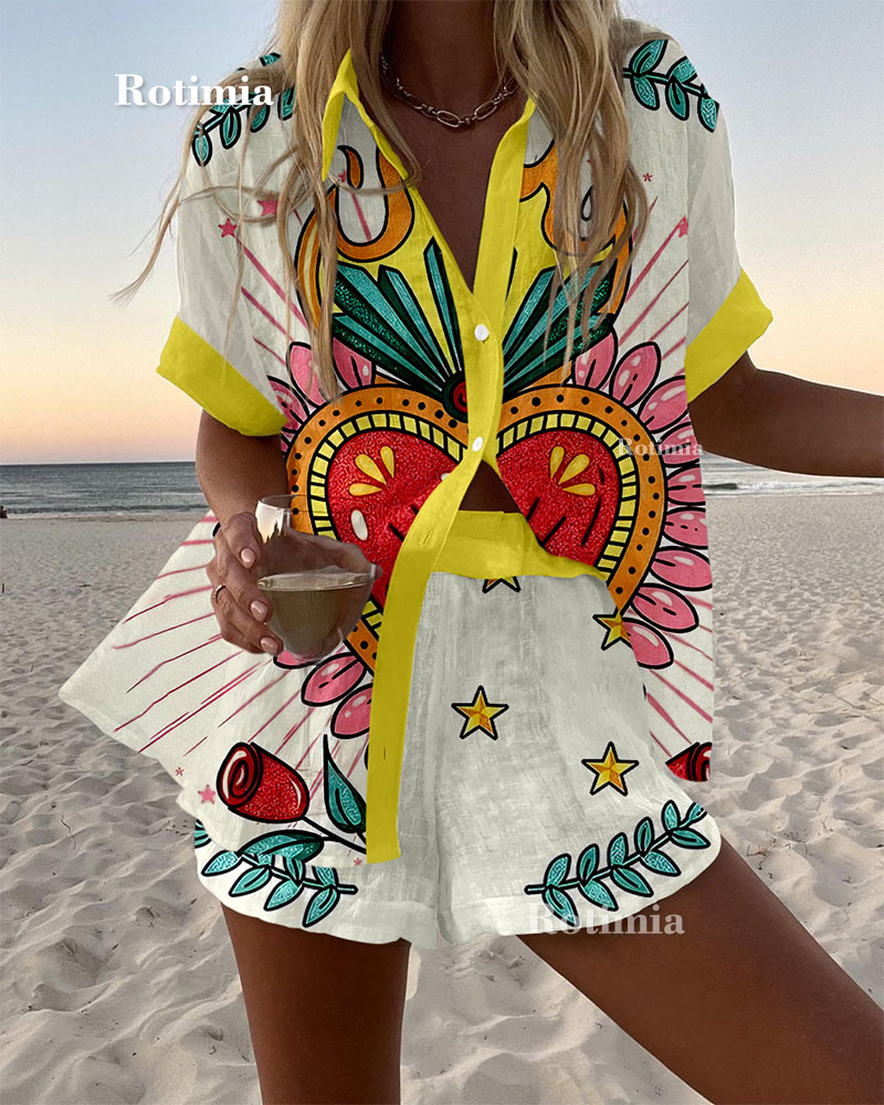 Romance Love Print Shirt & Shorts Two-Piece Set