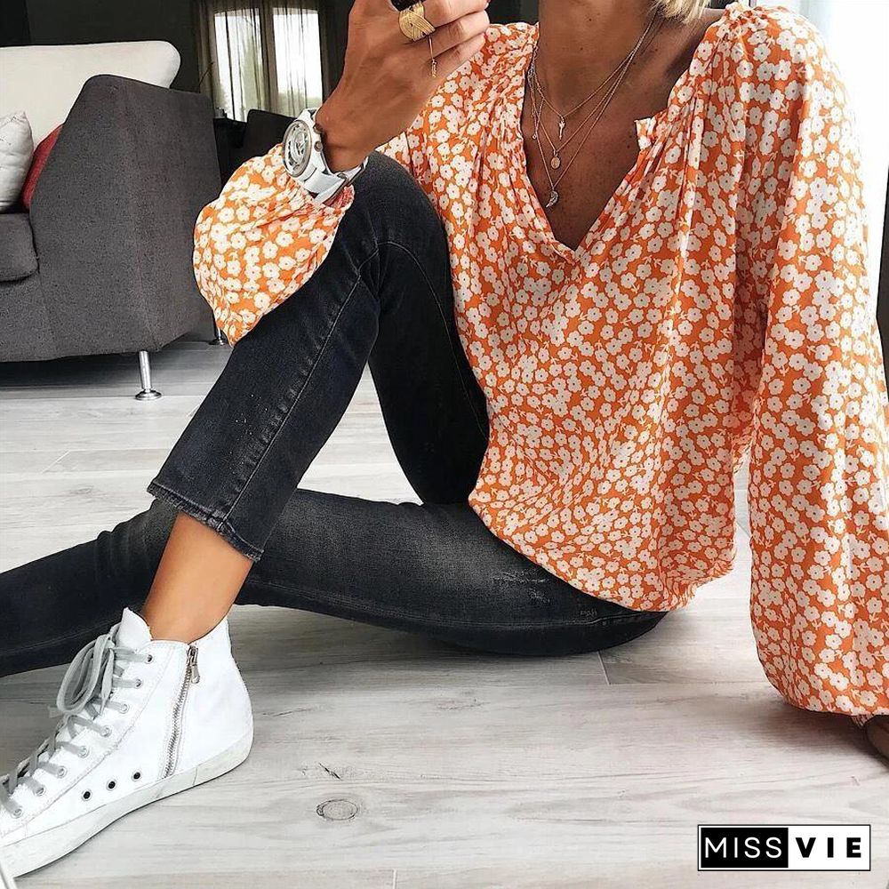Bohemian V-Neck Floral Print Blouse