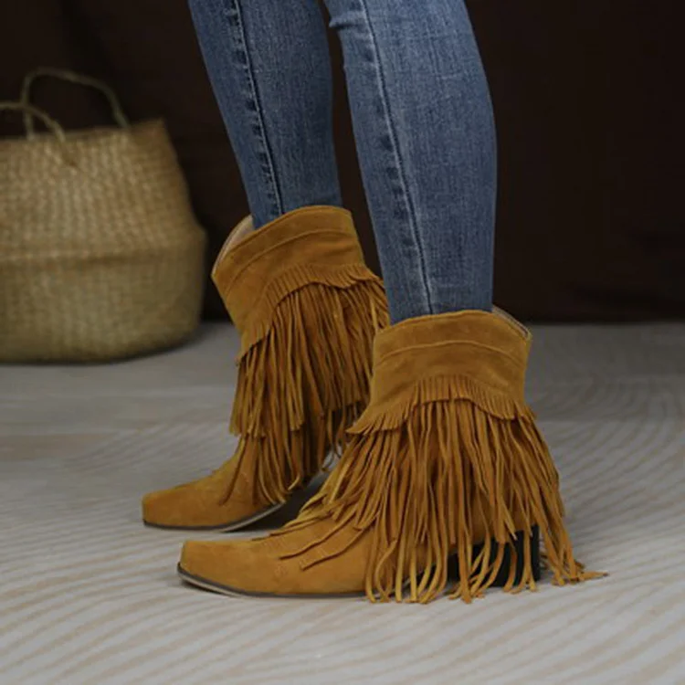 VChics Vintage Western Tassel Mid Heel Boots