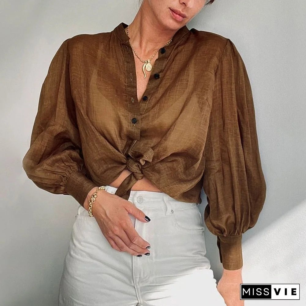 Elegant Vintage V-Neck 100% Cotton Blouse Shirts Women Puff Sleeve Button Solid Blouse Spring Lady Office Loose Tops Blusa