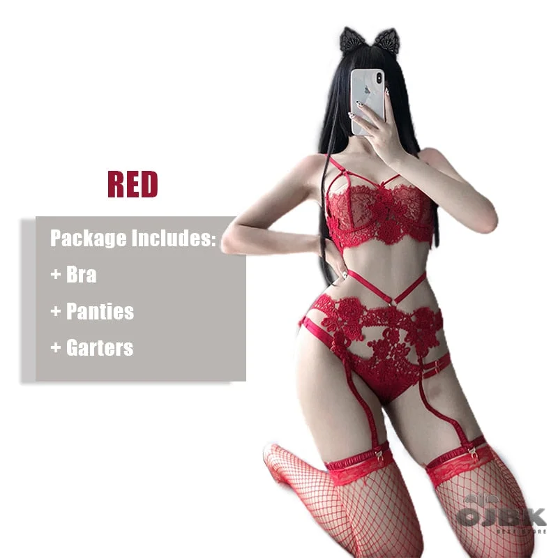 Sexy FloraL Lingerie For Women Erotic Bra Set Underwear Pajamas Mesh Extoic 3 Pcs Outfit Porno Couple Flirting Clothes New 0678