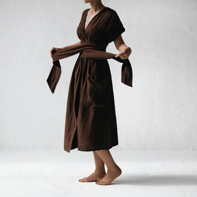 Women's Fashion V Neck Belt High Waist Short Sleeves Cotton Linen Dress