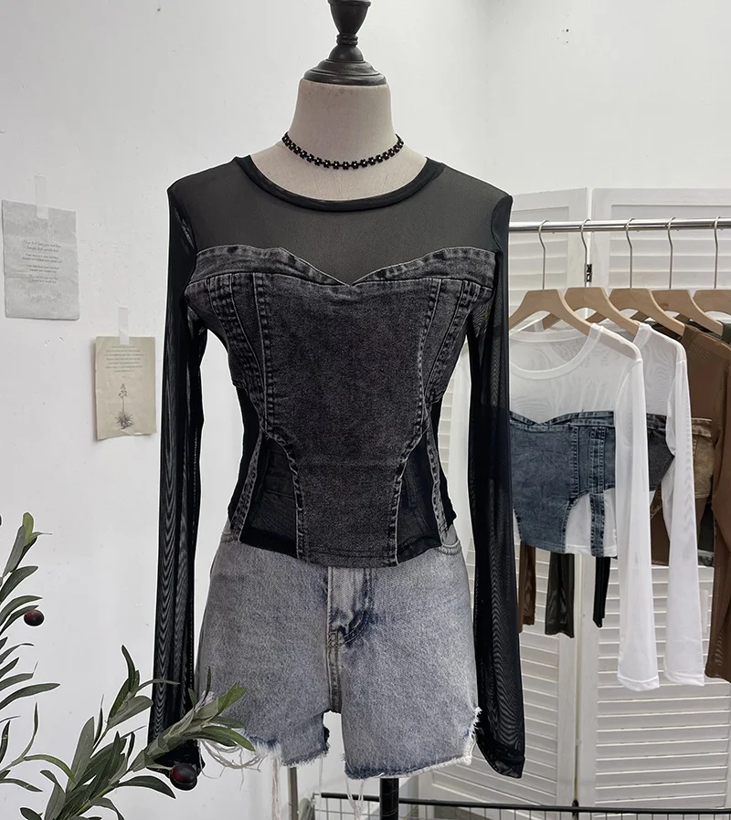 Uveng Spice Girls Design Sense Net纱 Stitched With Denim Blouse Long-Sleeved Bottom Shirts To Dress Short Niche T-Shirt 2633