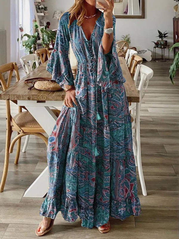 Mature Women Bohemian V-neck High Waist Holiday Floral Long Skirt Dress