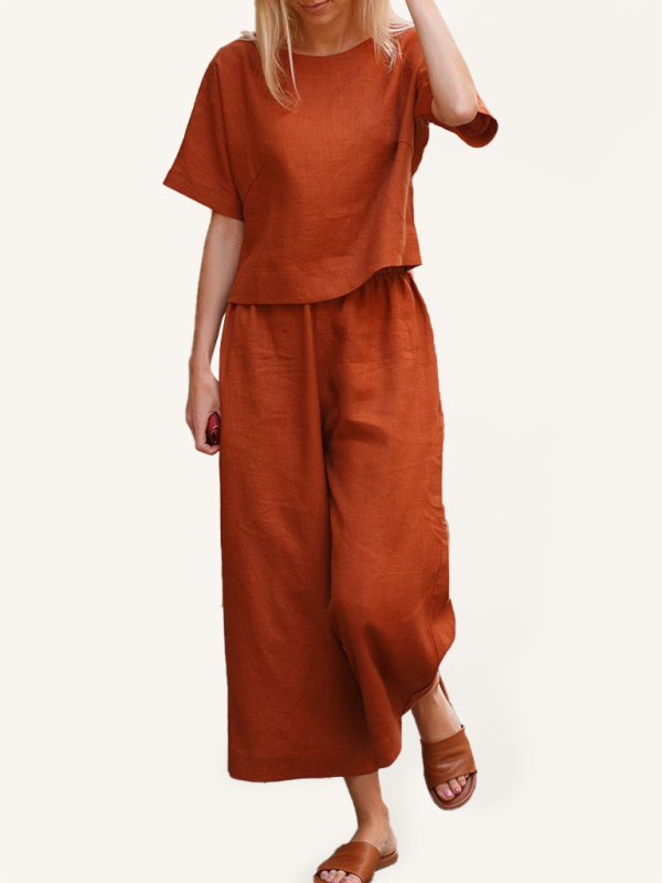Mature Women Plus Size Casual Short Sleeve Cotton Pants Suits Set
