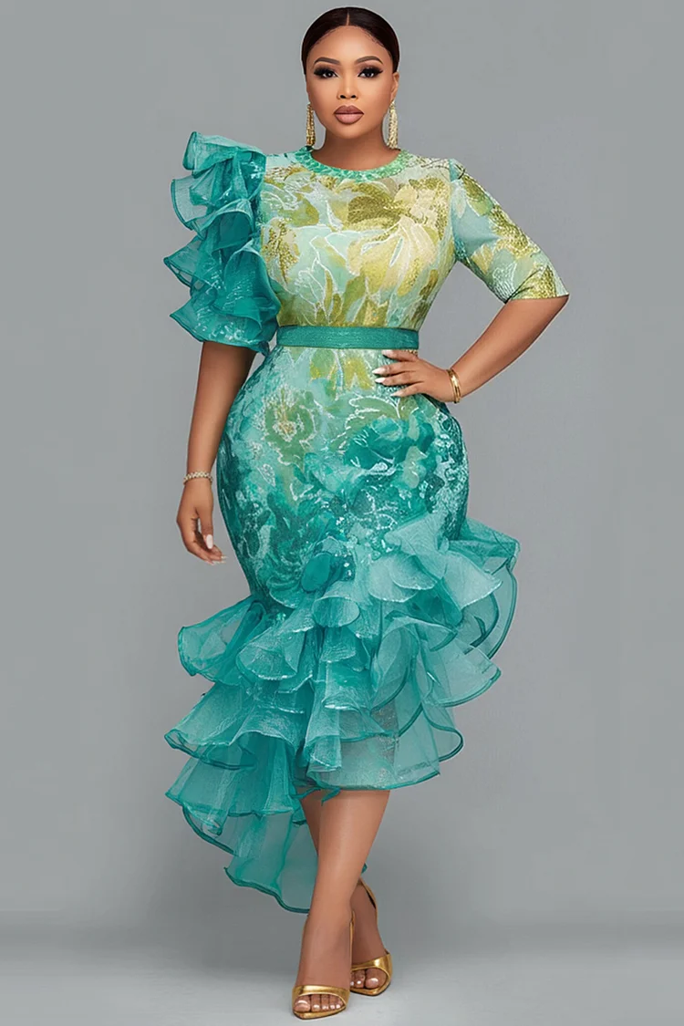Xpluswear Design Plus Size Cocktail Party Green All Over Print Round Neck Half Sleeve Ruffle Asymmetric Hem Irregular Hem Midi Dresses 2024 - Xpluswear