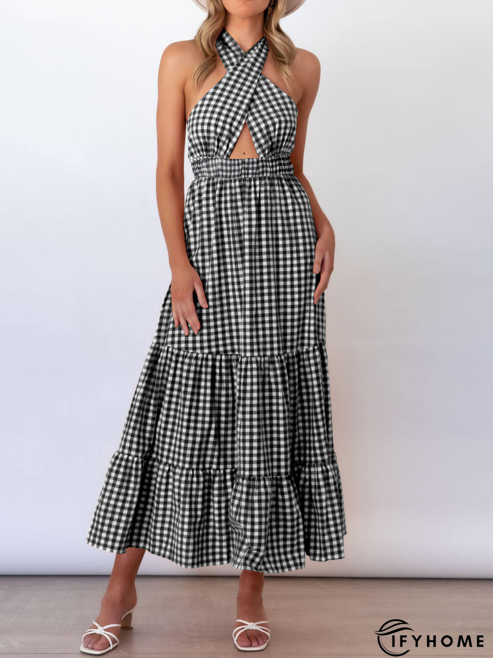 Checked/Plaid Casual Halter Short sleeve Woven Dress | IFYHOME