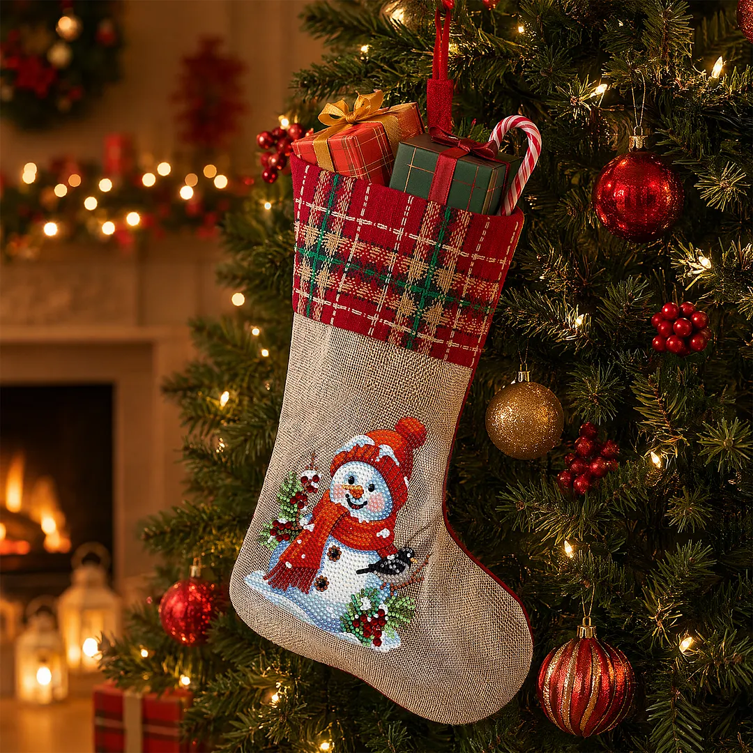 DIY Diamond Painting Christmas Stockings Hanging Ornaments Large Capacity Xmas Socks Pendant Wear Resist Candy Gift Storage Bags for Family Christmas Holiday Party Decoration (Snowman and Bird)