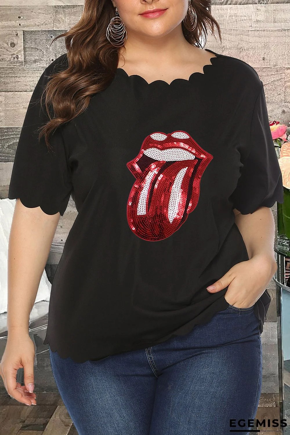 Black Fashion Lips Sequins Plus Size T-shirt | EGEMISS