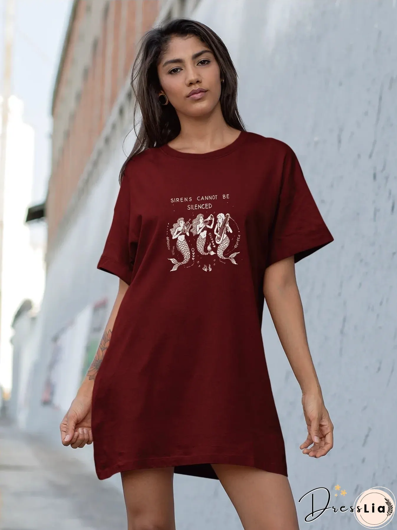 Enchanting Sirens Print Crewneck Tee Dress Casual Short Sleeve For Spring Summer Womens
