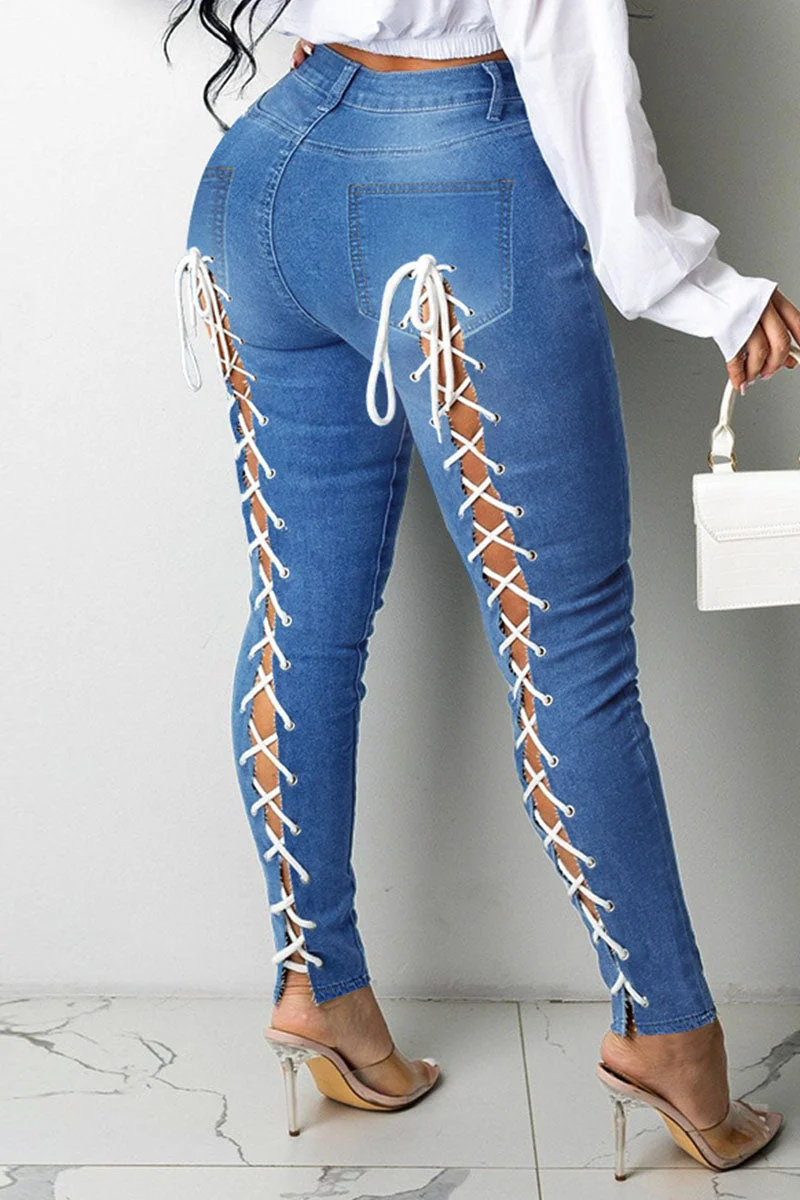 Sexy Street Solid Bandage Hollowed Out Split Joint High Waist Denim Jeans