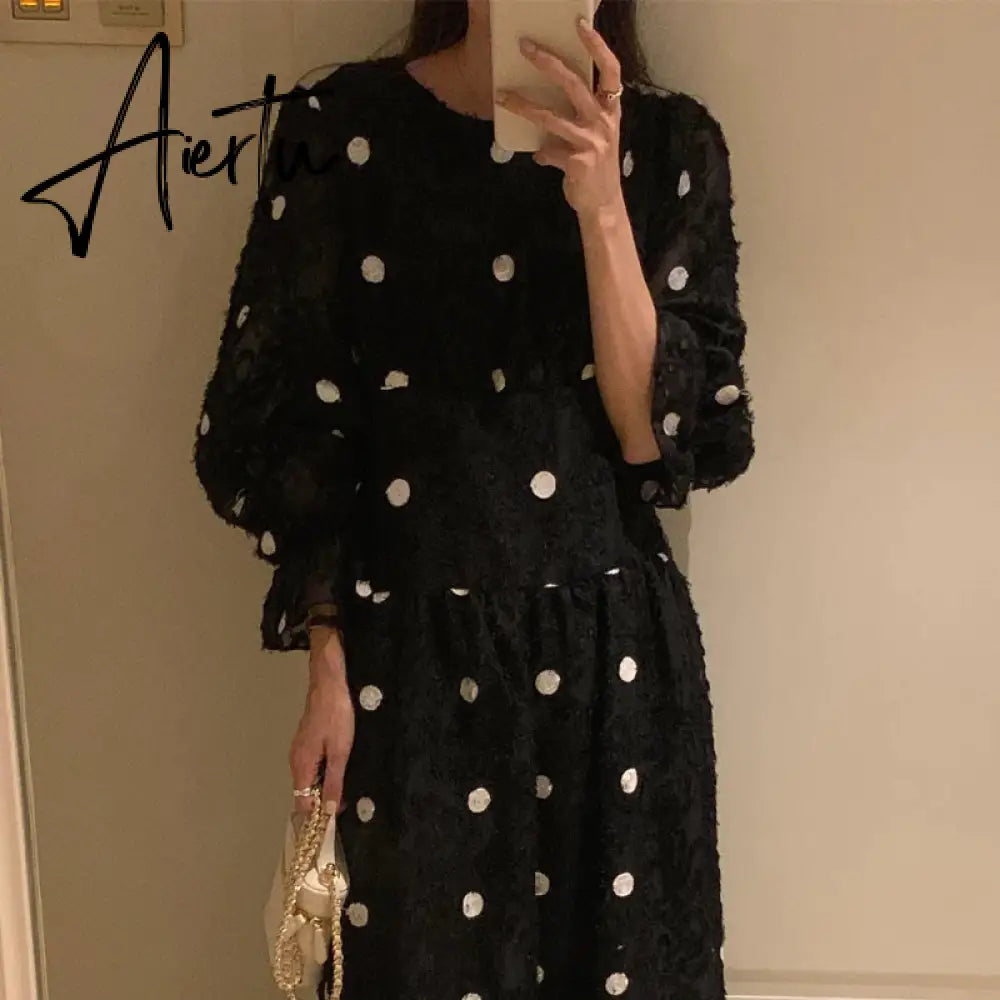 Aiertu French Retro Autumn Chic Women Dress High Waist Slim O-Neck Woman Dress Black Fashion Street Long-Sleeved Dresses Female Aiertu