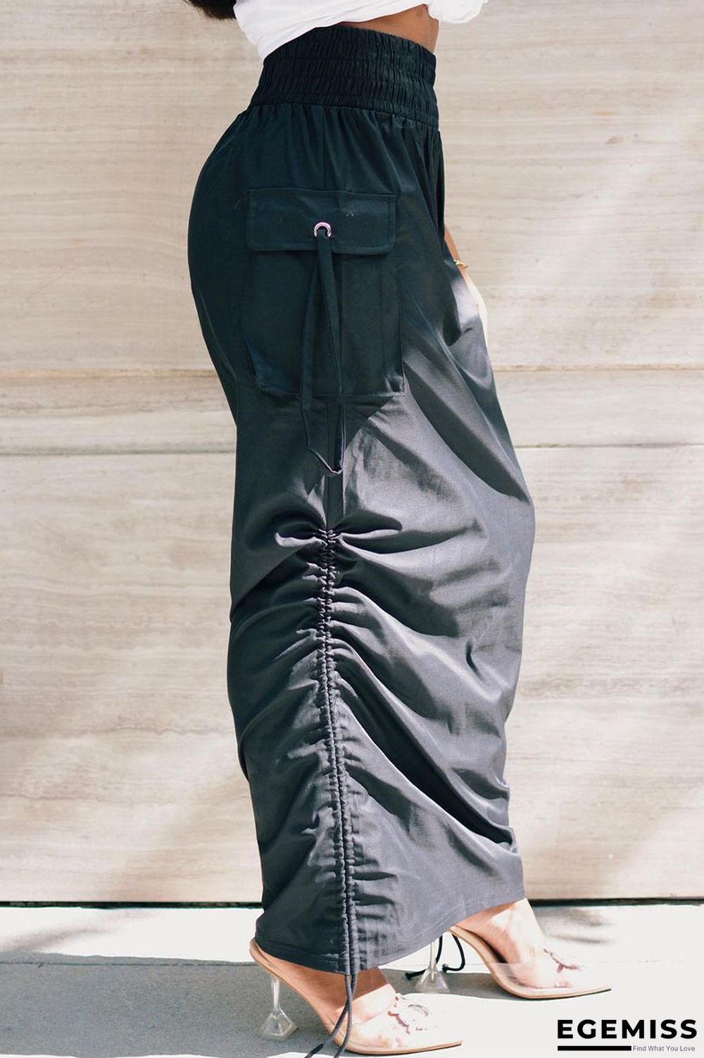 Black Casual Solid Draw String Fold Bottoms | EGEMISS