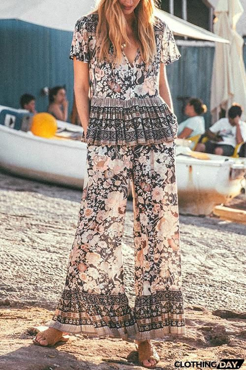 Bohemia Print V Neck Pants Set