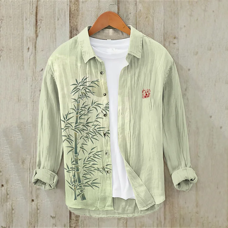 Comstylish Bamboo Forest Full Moon Night Japanese Art Casual Linen Blend Shirt