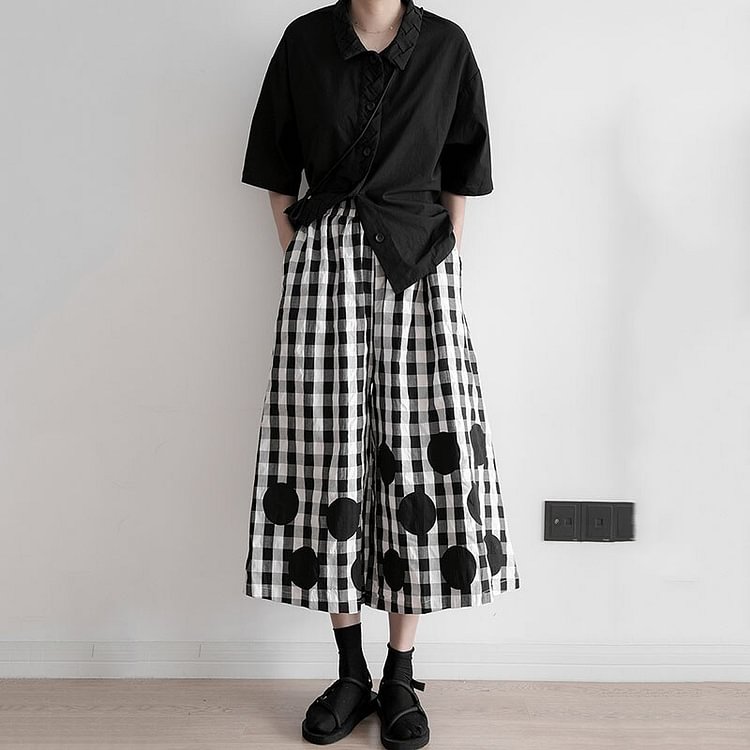 Casual Elastic Waist Plaid Splicing Dot Printed Pants         