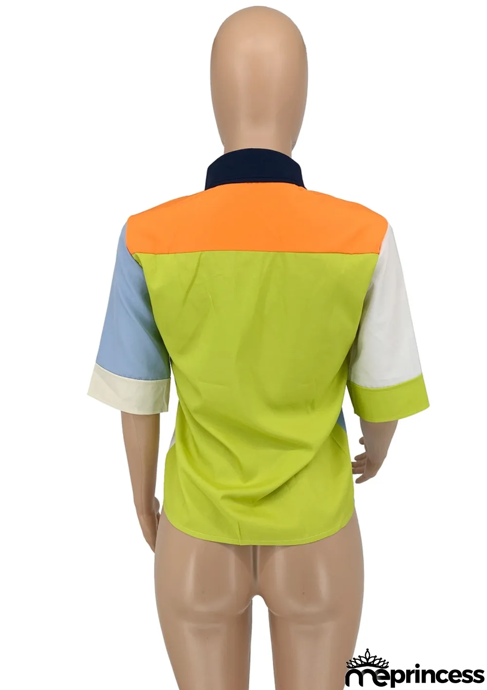 Women Autumn Blue Modest Turn-down Collar Half Sleeves Color Blocking Pockets Regular Shirt