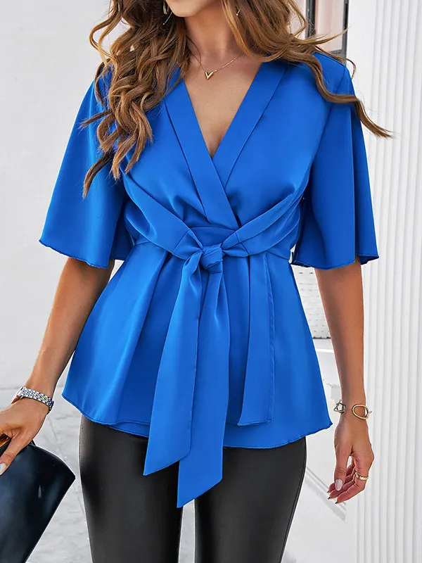 Tied Solid Color Loose Half Sleeves V-neck Blouses&shirts Tops BLUE-M