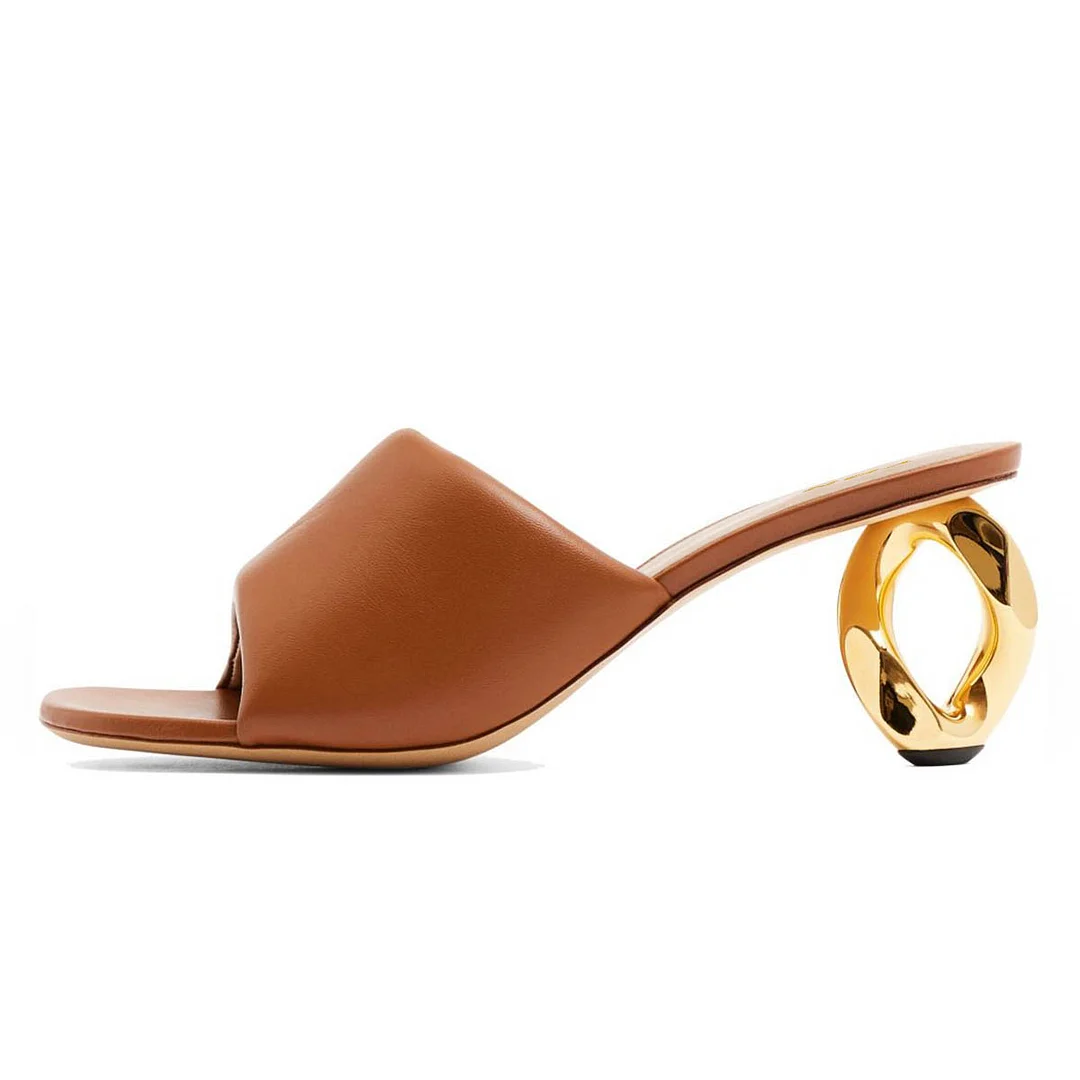 YDN Brown Vegan Leather Open Toe Gold Decorative Heeled Mules