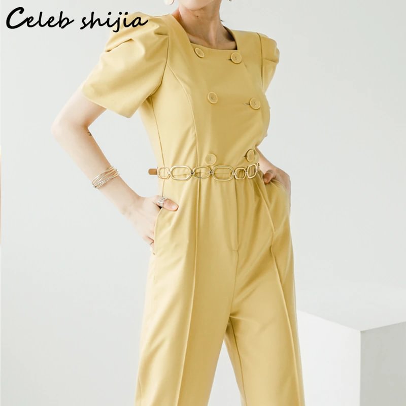 Colourp Yellow Jumpsuit Women Chic 2022 Summer Double Breasted Elegance Jump Suits for Women Business Golden Chain Overalls Korean