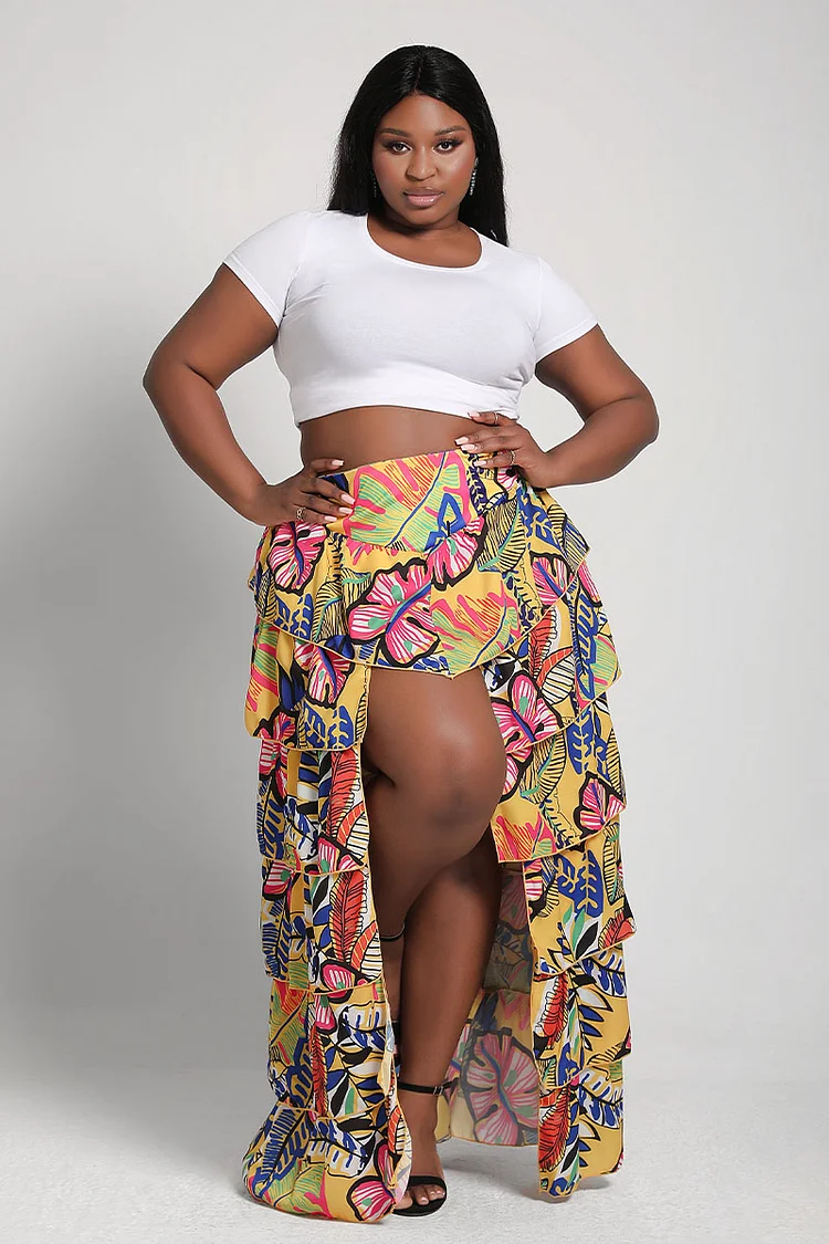 Xpluswear Design Plus Size Boho Multicolor All Over Print Ruffle Irregular Hem Tiered Skirts