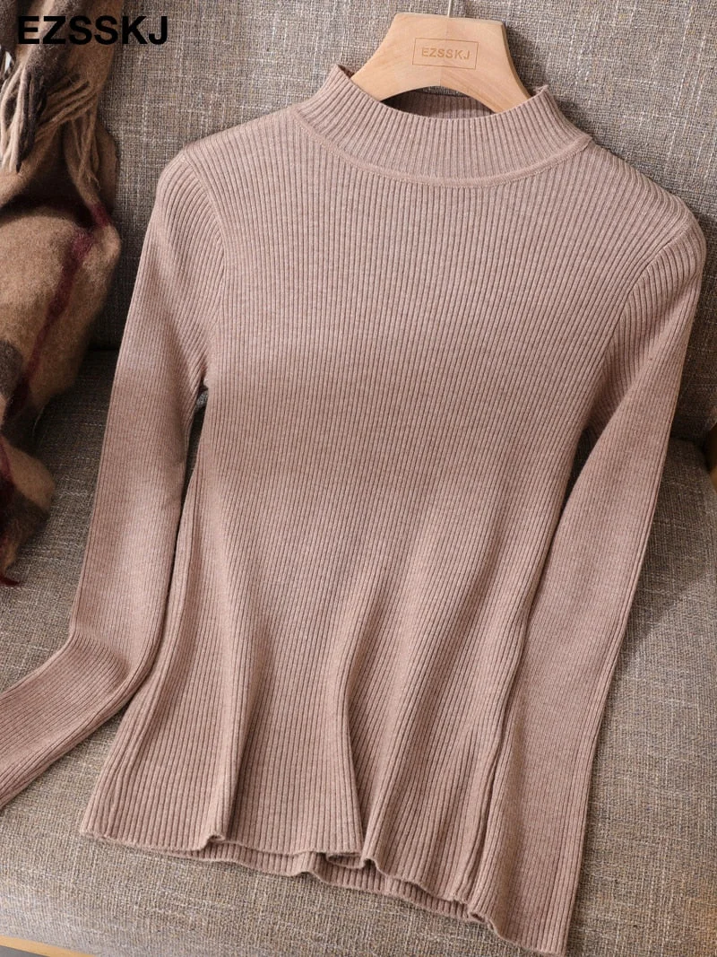 2021 Knitted Women high neck Sweater Pullovers Turtleneck Autumn Winter Basic Women Sweaters Slim Fit Black