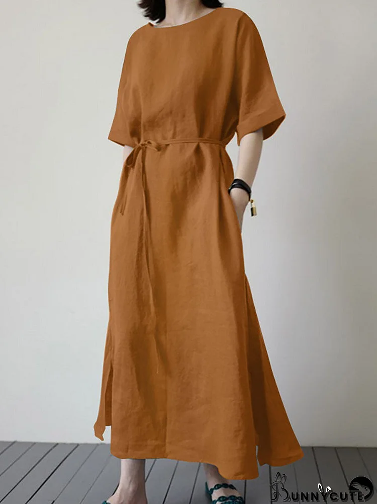 Solid Slit Pocket Half Sleeve Loose Dress With Belt