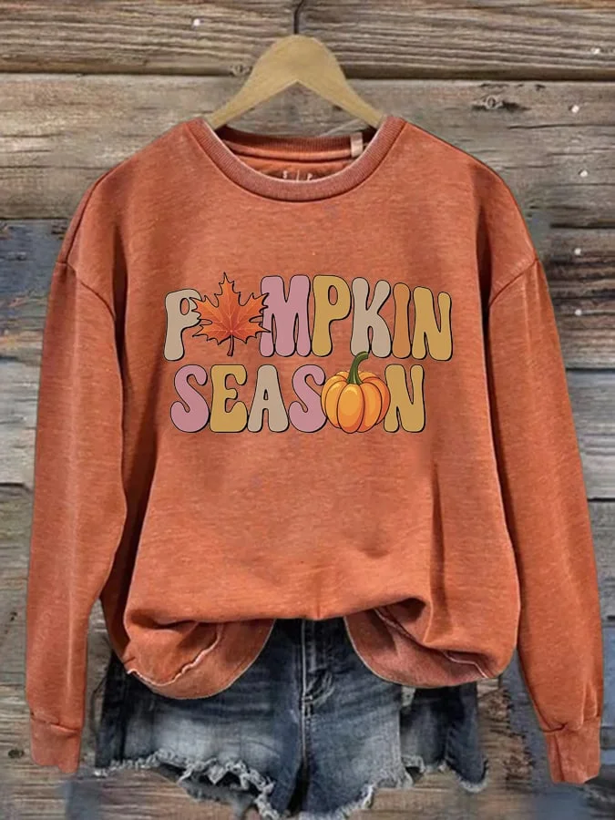 Retro Pumpkin Season Print Round Neck Sweatshirt