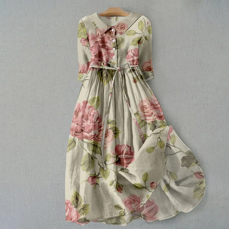 Utbros Elegant Botanical Floral Design Print Lace-up Casual Midi Dress