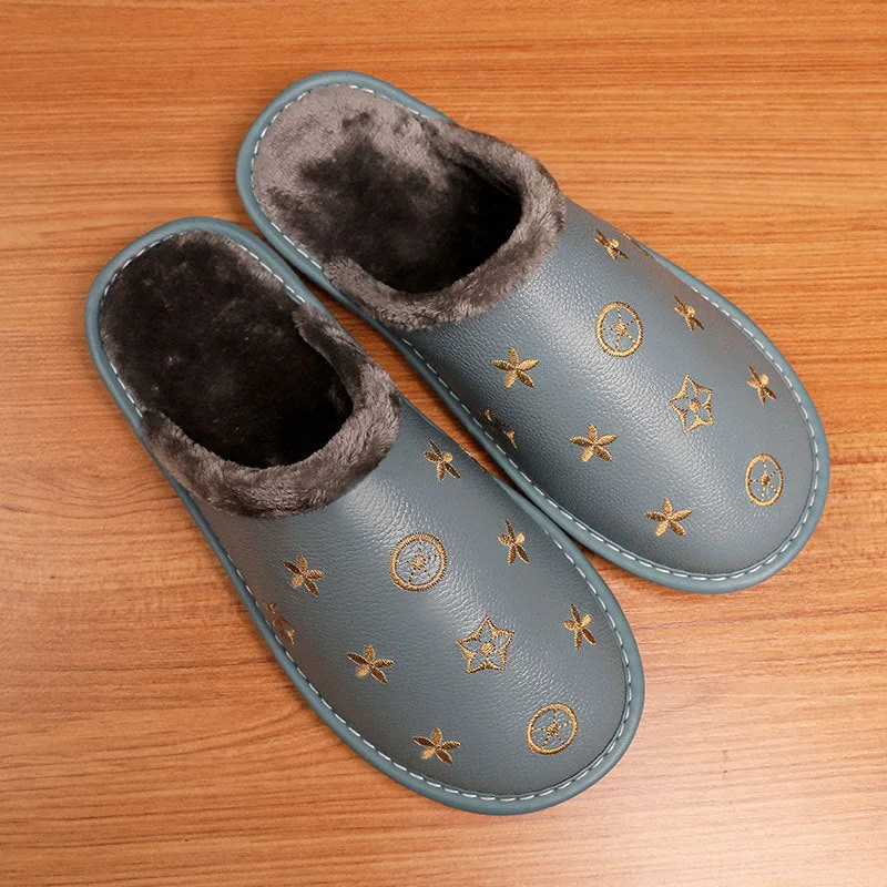 Hot Waterproof Leather Slippers Men Winter Warm Home Cotton Shoes Women Brand Luxury Indoor Fur Slippers Couple Shoes
