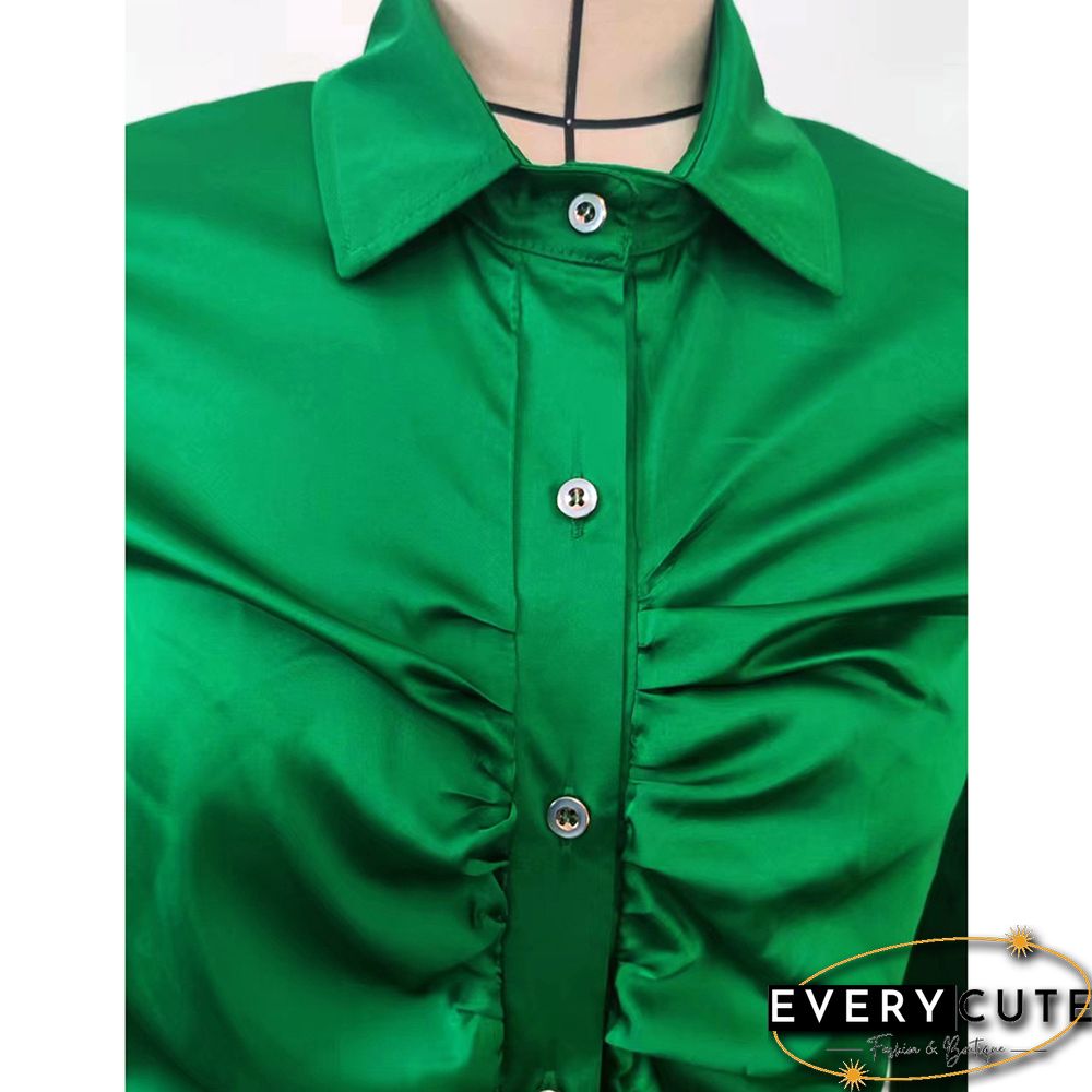 Green Pleated Button Long Sleeve Shirt