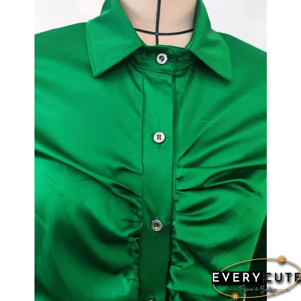 Green Pleated Button Long Sleeve Shirt