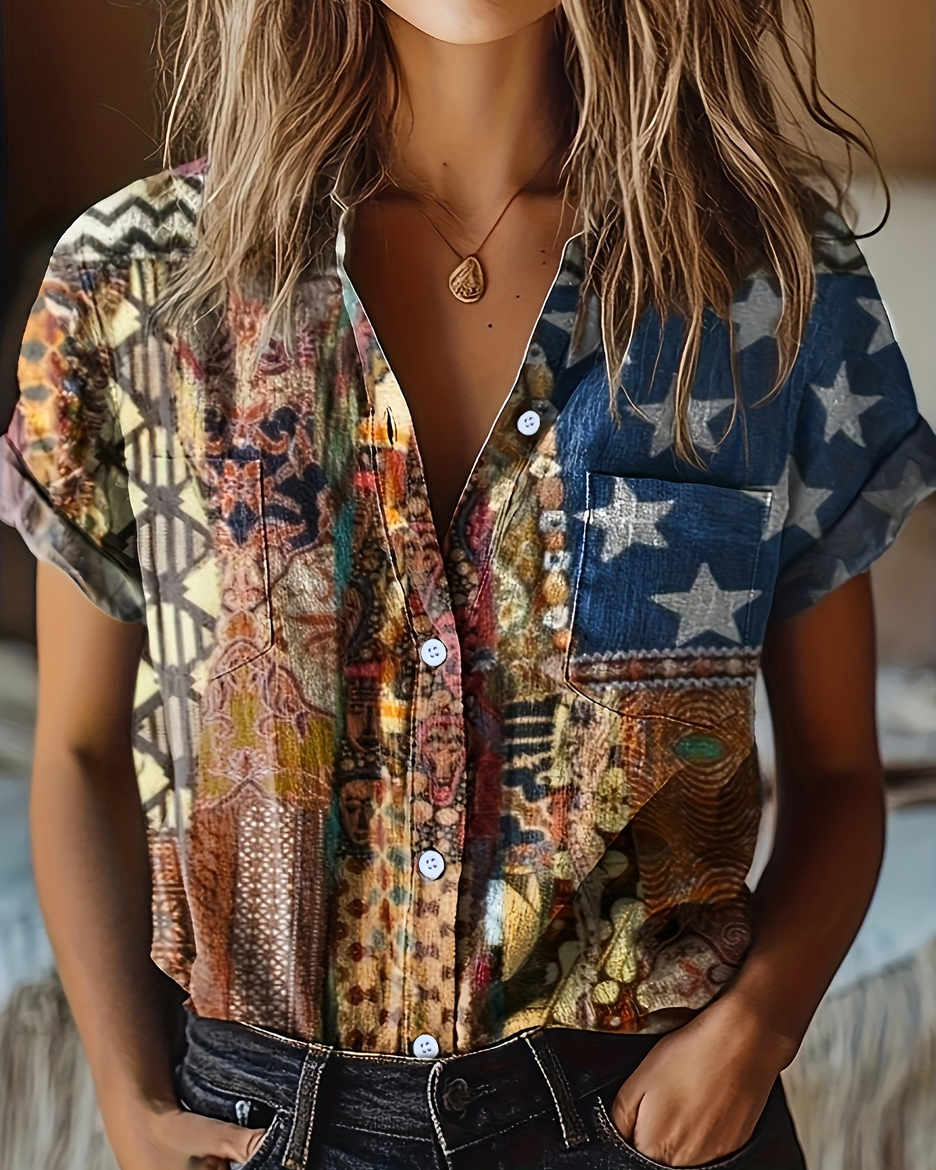 Various Colorful Pattern Patchwork Short Sleeved Shirt