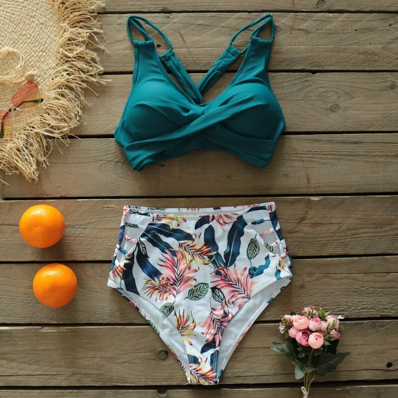 Sexy High Waist Bikini Set 2021 New Push Up Bandage Swimwear Women Print Floral Two Pieces Swimsuit Beach Wear Strappy biquini