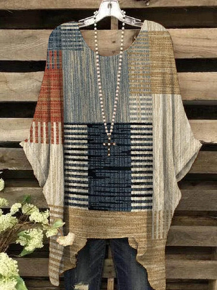 Women's V-neck Vintage Geometric Pattern Cotton And Linen Top